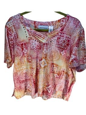 Alfred Dunner Short Sleeve Top Pink and Orange Design Embellished Neckline